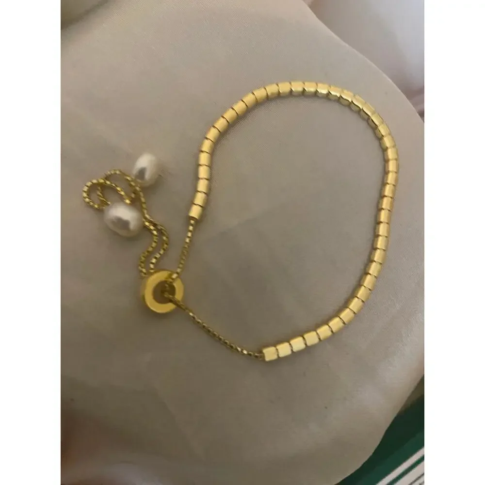Pearl 925 Sterling Silver Gold Vermeil CZ Tennis Slider Bracelet Genuine Pearl